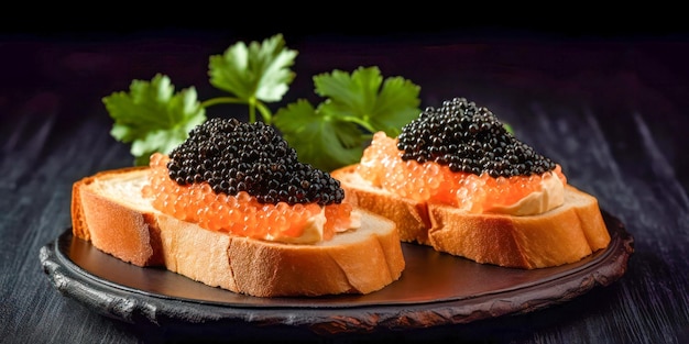 Photo black caviar toast on dark background