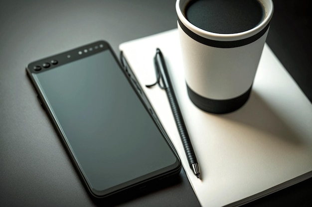 A black cell phone sits on top of a notebook next to a pen and a coffee mug.