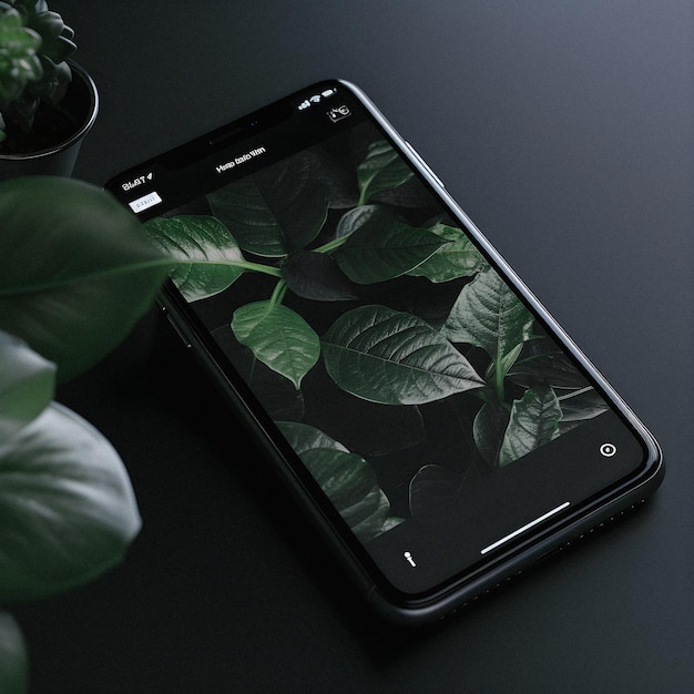 A black cell phone with a picture of a plant on the screen