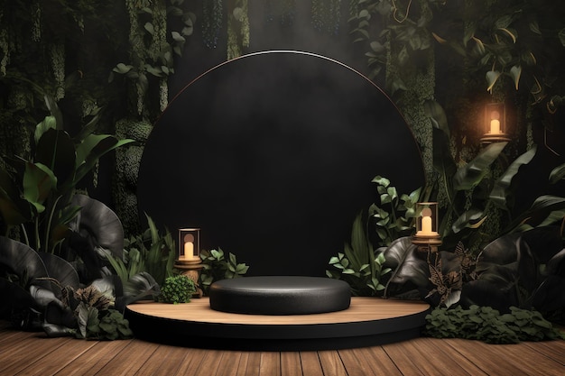 Black Ceramic Podium Stage Surrounded With Tropical Plants Generative AI