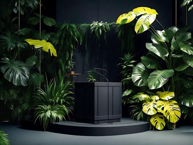 Черная керамическая подиумная сцена, окруженная тропическими растениями.