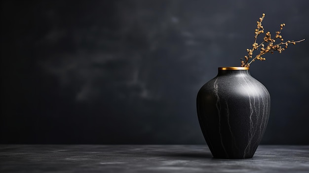 黒いセラミックの花瓶が黒い大理石の背景の大理石のテーブルに置かれています。 Generative AI