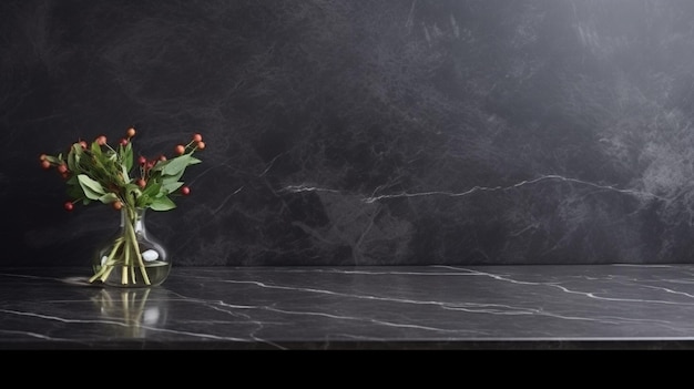 Black ceramic vase table against black marble background with copy space