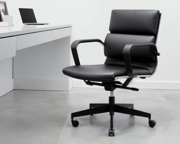 A black chair in front of a white desk with a laptop on it.