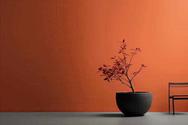 A black chair and a plant in front of an orange wall