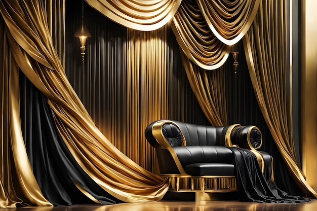 a black chair sits in front of a gold curtain