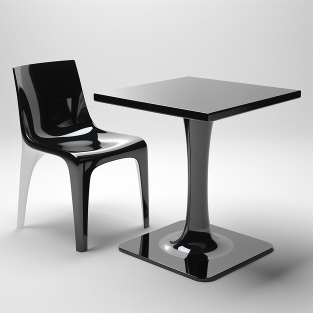 a black chair and a table with a black chair and a table