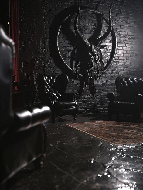 a black chair and a wall with a picture of a dragon and a chair