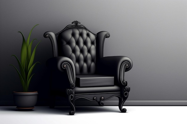 A black chair with a black leather armrest and a plant in a pot with a plant in it.