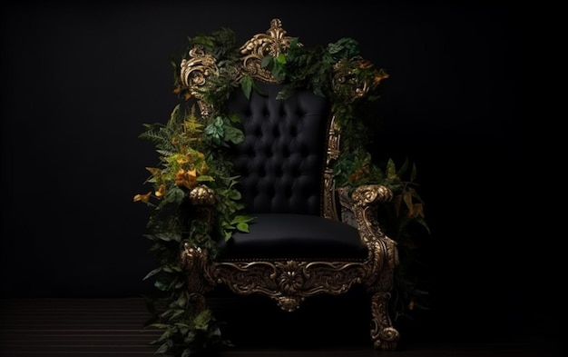 A black chair with a gold crown and leaves on it