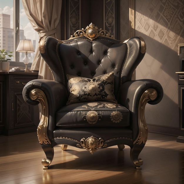A black chair with gold trim and a gold pillow on it