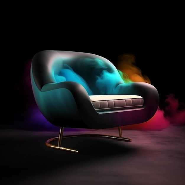 A black chair with a white cushion in front of a black background.