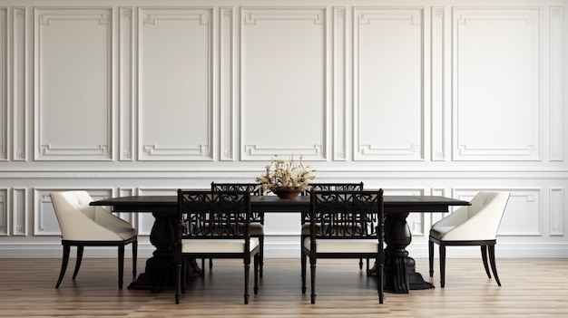 Black chair and wooden dining table against of class room