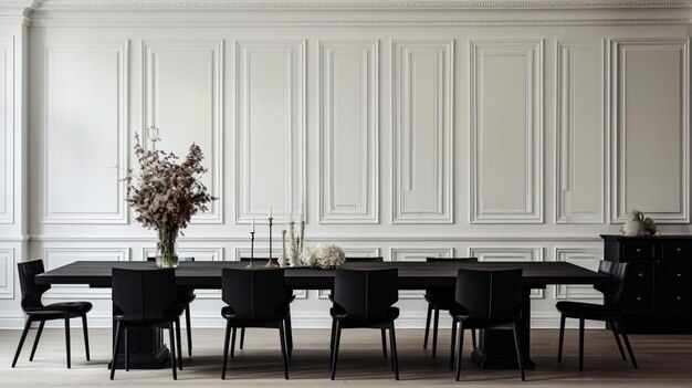 Black chair and wooden dining table against of class room