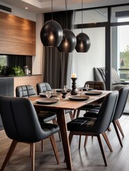 Premium AI Image Black Chairs And Leather Sofa At Wooden Dining Table 