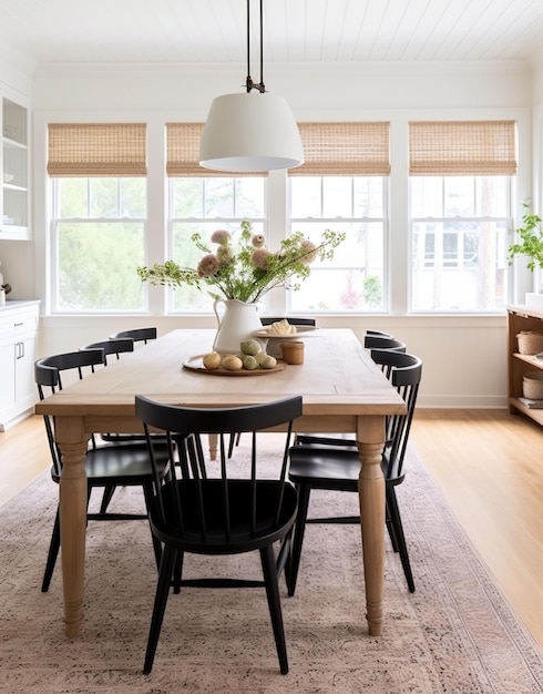 Black chairs and a white table in a dining room