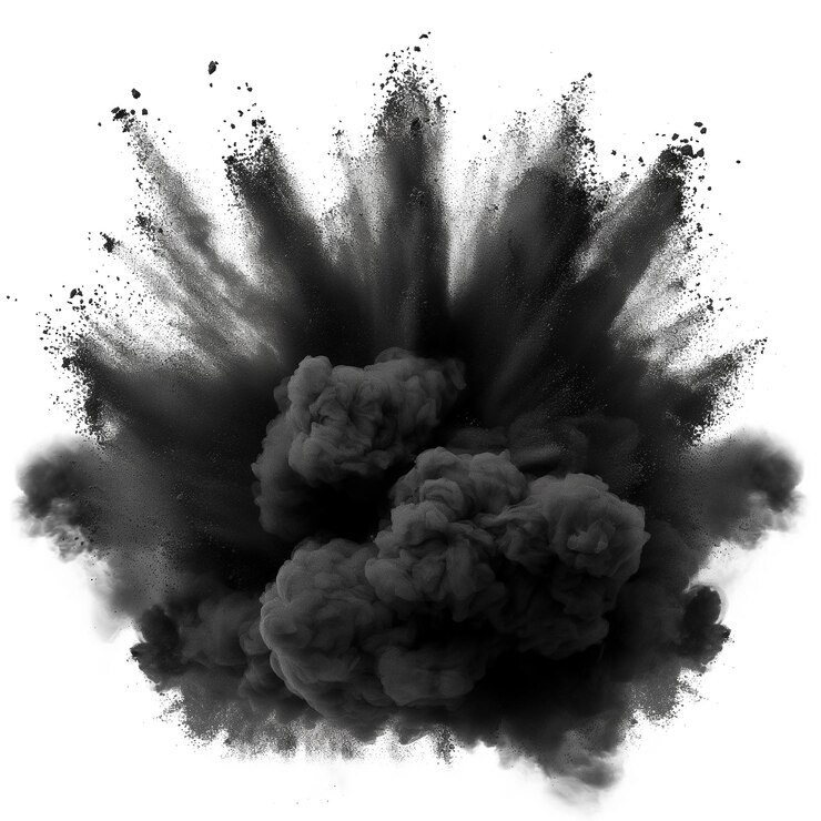 Photo black chalk pieces and powder flying explosion effect isolated on white clipping path