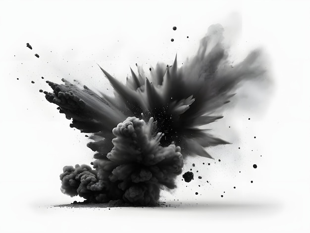 Black chalk pieces and powder flying explosion effect isolated on white