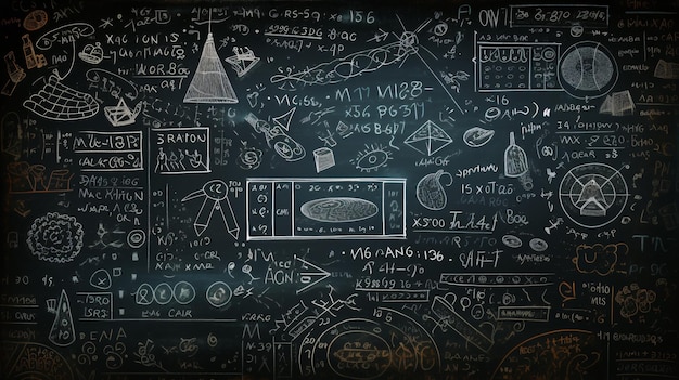 Black chalkboard with maths and science sketches