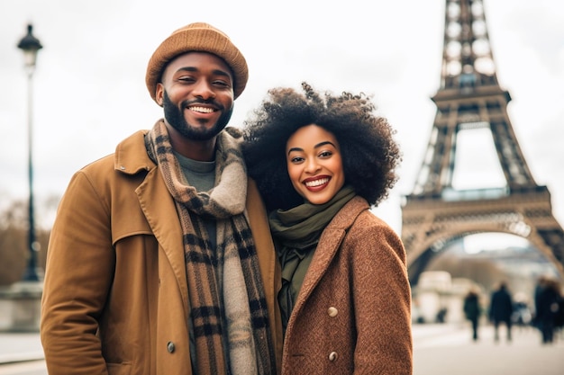 Black cheerful happy couple in love visiting Paris Modern lovely couple lifestyle Generative AI