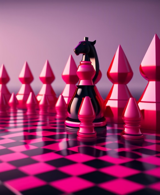 Photo black chess figure on the red chess pieces