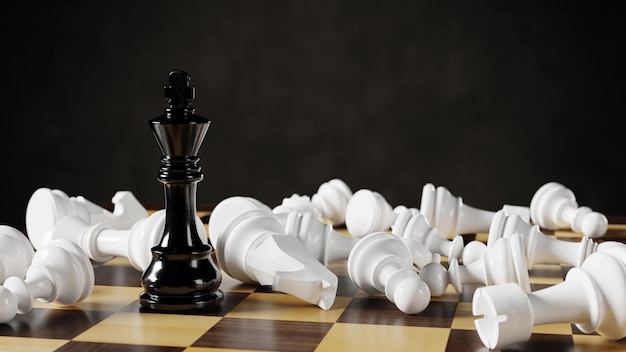 Black chess king among lying white pawns on a chessboard 3D rendering illustration