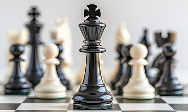 Black chess king standing ahead of white pawns on white background