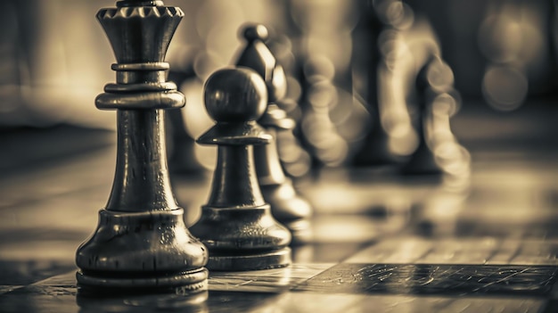 체스판에 있는 검은 체스 조각 들 의 초점 은 여왕 과 보병 이다. 배경 은 흐릿 하다.