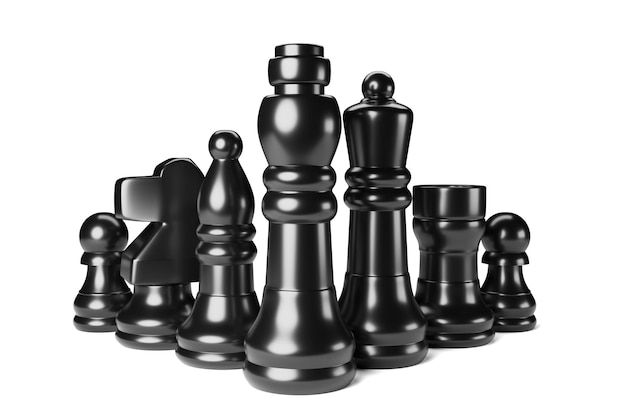 Черные шахматные фигуры, изолированные на белом 3D-рендеринге