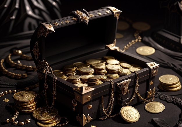 A black chest with gold coins and a gold coin on it