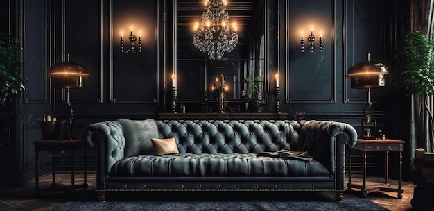 the black chesterfield sofa is in this room