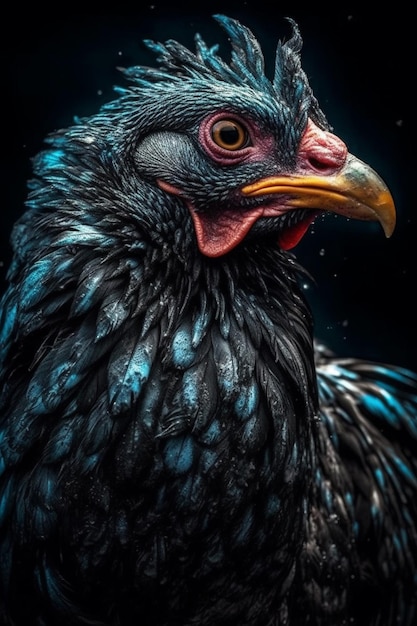 A black chicken with a yellow eye and a red beak.