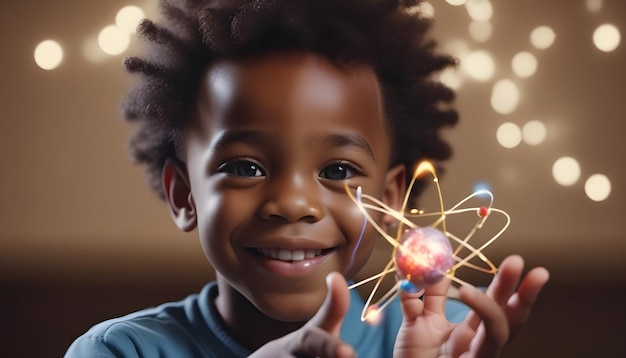 A black child holding a 3d atom in science style