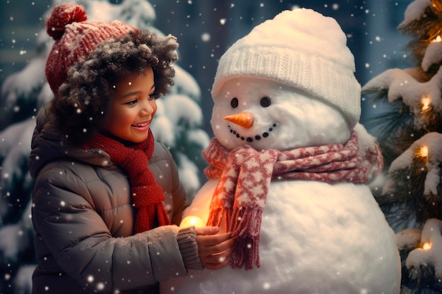 Black children happy boy making a snowman