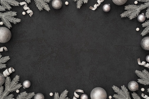 Black Christmas background with an oval frame of glitter silver Christmas ornaments