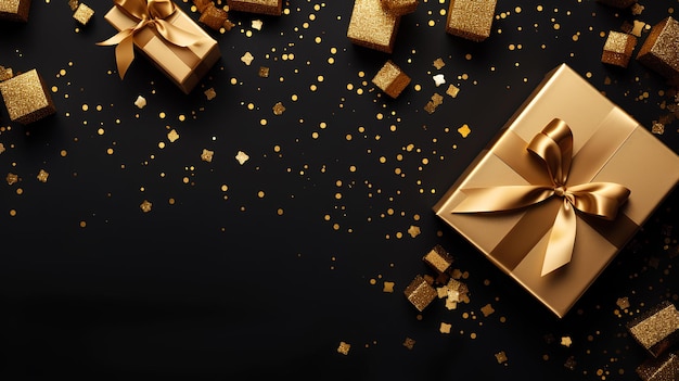 Фото Черный рождественский фон с реалистичными подарками и золотыми конфетти, фото высокого качества