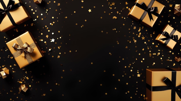 Photo black christmas background with realistic gifts and golden confetti high quality photo