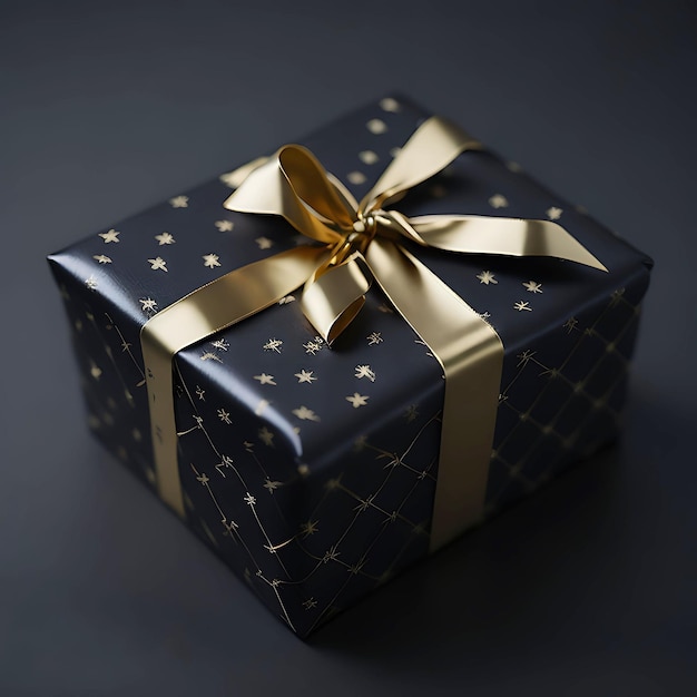 A black christmas gift box with gold ribbon on black background generative AI