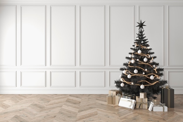 Black christmas tree in classic room blank white wall gifts d render illustration mockup