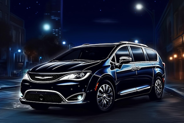 A black chrysler minivan is parked in a city at night.