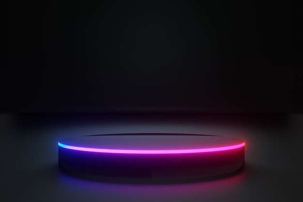 Black Circle stage or podium with neon lights for your product dark background 3D rendering