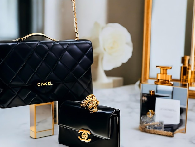 a black classic flap chanel bags in chic style as main focus point must have two bags on the foregr