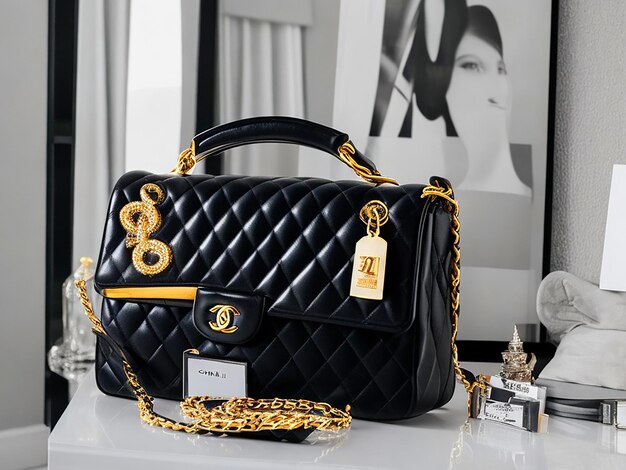 Photo a black classic flap chanel bags in chic style as main focus point must have two bags on the foregr