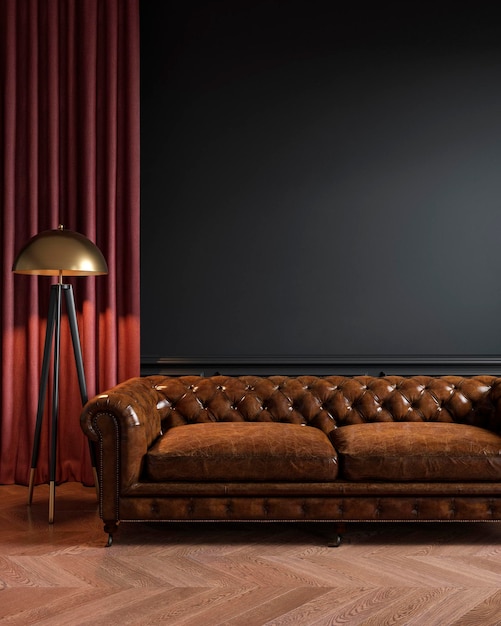 Black classic loft interior with leather sofa floor lamp curtain and wood floor