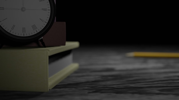 Un orologio nero e una pila di libri su un tavolo di legno grigio (rendering 3d)