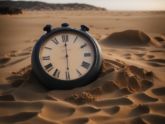 Black clock buried in the sand