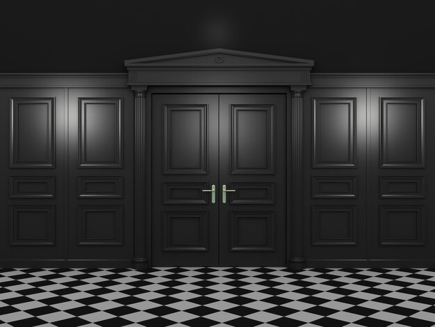 黒の両開きドアとパターン付きの床
