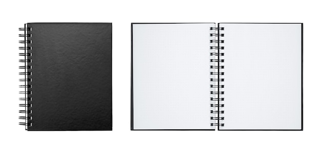 Black closed and open spiral binder notebooks isolated on white