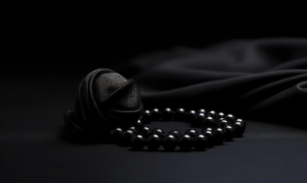 A black cloth with a black cloth and a necklace on it.