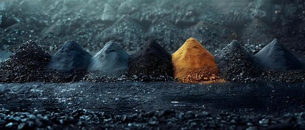 Photo black coal piles of various sizes on dusty field create visual contrast concept coal piles dusty field visual contrast industrial landscape